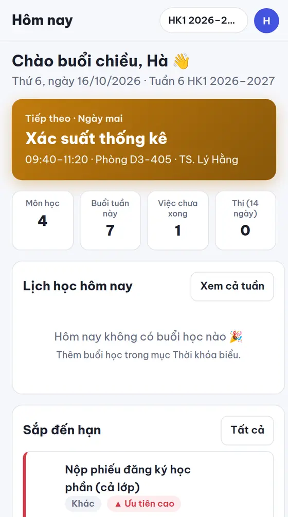 Trang Hôm nay của Lịch Học trên điện thoại: buổi học tiếp theo, số bài tập chưa xong và đếm ngược kỳ thi