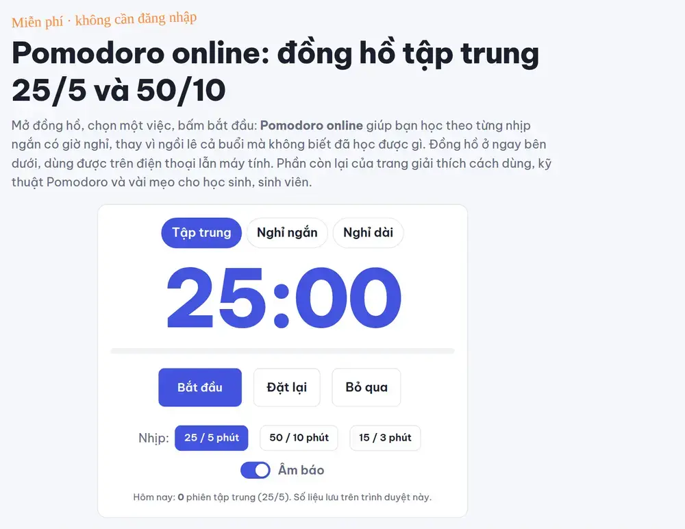Đồng hồ Pomodoro 25 phút trên trang Pomodoro online của Lịch Học