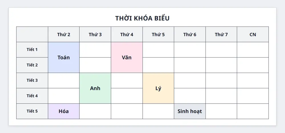 Bảng thời khóa biểu 8 cột với ô Toán tiết 1-2 vào Thứ 2 đã gộp theo chiều dọc